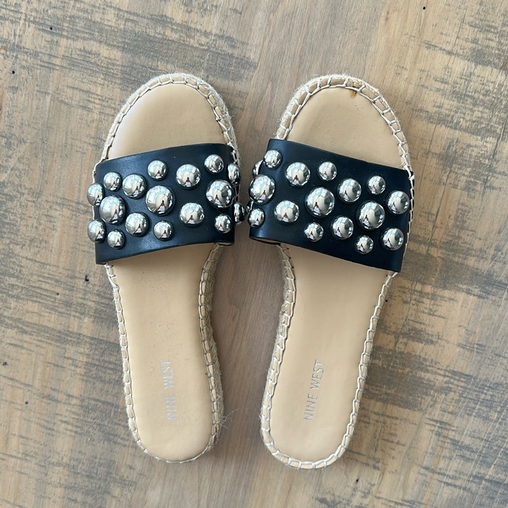 Nine West Black Slide Sandals with Silver Accents